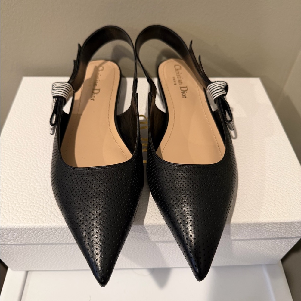 Dior Black Perforated Slingback Flats with Bow